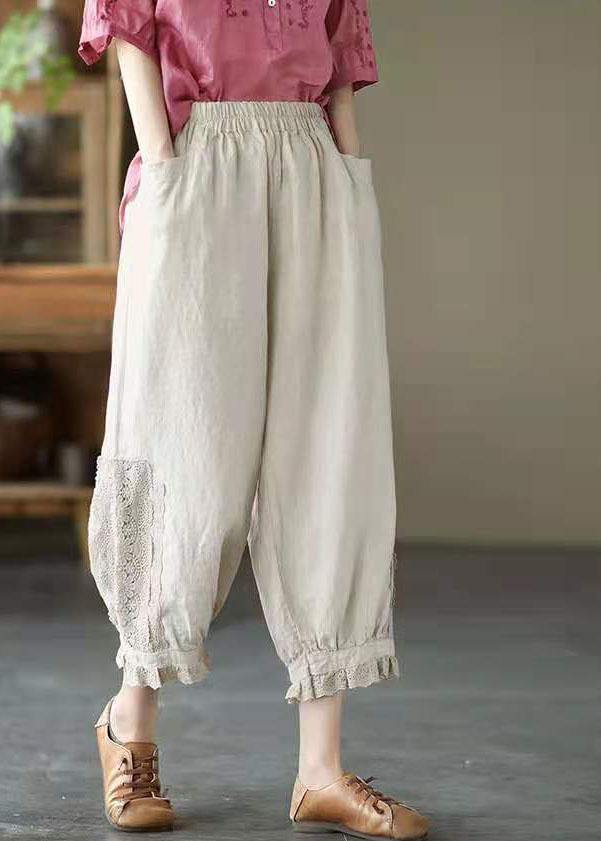 Simple Beige Elastic Waist PatchworkHarem Pants Linen - SooLinen
