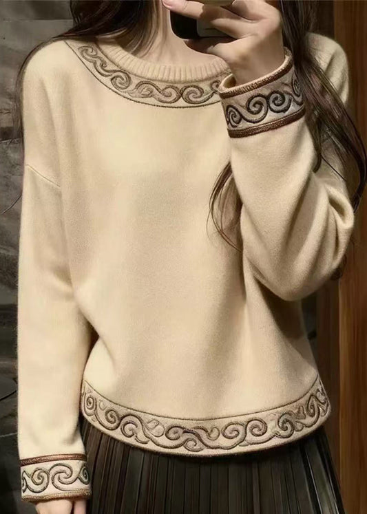 Simple Beige Embroidered Thick Knit Sweaters Winter