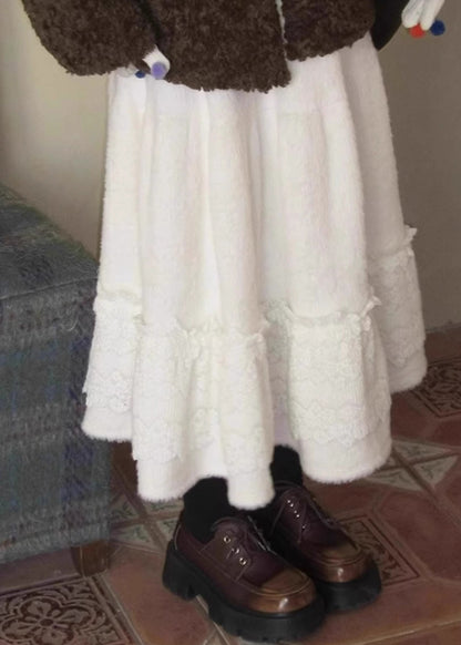 Simple Beige Lace Patchwork Elastic Waist Fluffy Skirt Winter