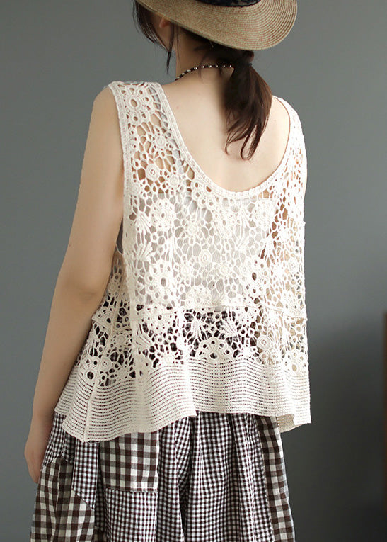 Einfache beige O-Ausschnitt Patchwork Baumwolle Weste ärmellos