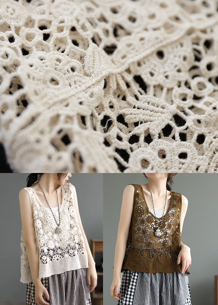 Einfache beige O-Ausschnitt Patchwork Baumwolle Weste ärmellos