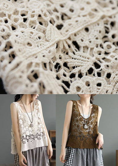 Einfache beige O-Ausschnitt Patchwork Baumwolle Weste ärmellos