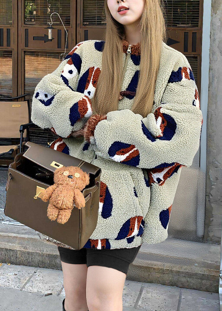 Einfacher, beiger, übergroßer Jacquard-Flauschmantel aus flauschigem Teddyfell für den Winter