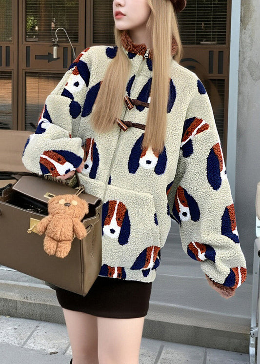 Einfacher, beiger, übergroßer Jacquard-Flauschmantel aus flauschigem Teddyfell für den Winter