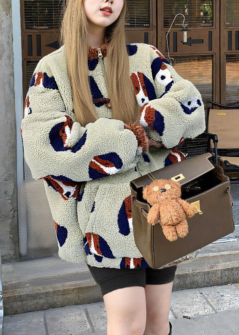 Einfacher, beiger, übergroßer Jacquard-Flauschmantel aus flauschigem Teddyfell für den Winter