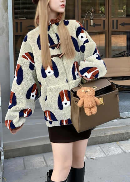 Einfacher, beiger, übergroßer Jacquard-Flauschmantel aus flauschigem Teddyfell für den Winter