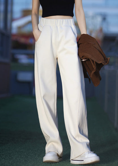 Simple Beige Pockets Elastic Waist Warm Fleece Pants Spring