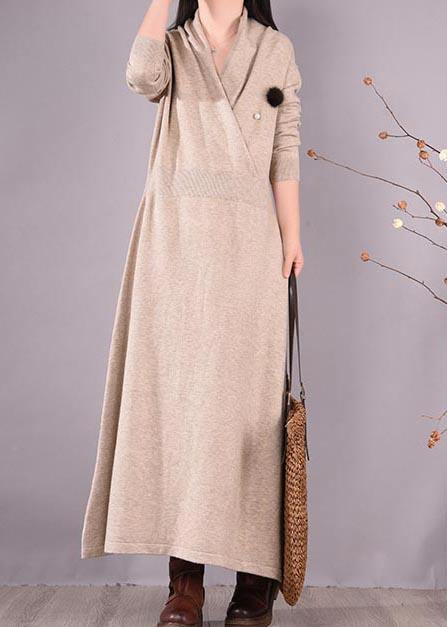 Simple Beige Quilting Clothes V Neck Asymmetric Spring Dress - SooLinen