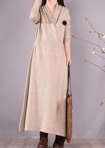 Simple Beige Quilting Clothes V Neck Asymmetric Spring Dress - SooLinen