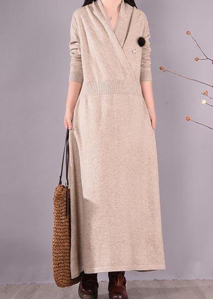 Simple Beige Quilting Clothes V Neck Asymmetric Spring Dress - SooLinen