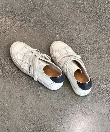 Simple Beige Round Toe Velcro Strap Faux Leather Flat Sneakers