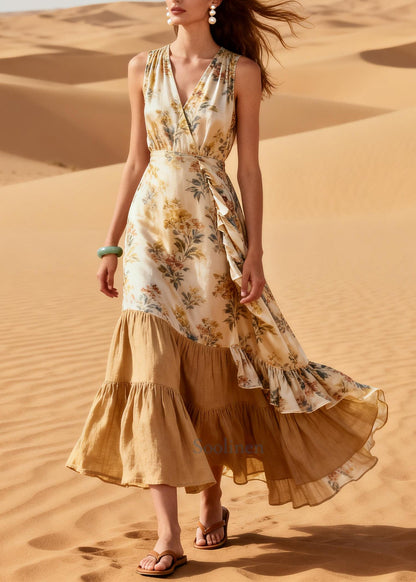 Simple Beige Ruffled Patchwork Print Linen Silk Dresses Summer