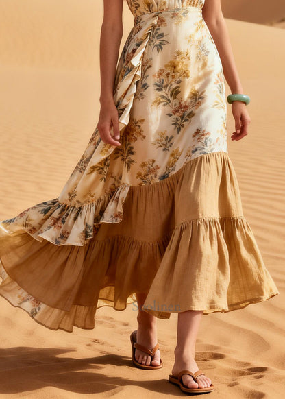 Simple Beige Ruffled Patchwork Print Linen Silk Dresses Summer