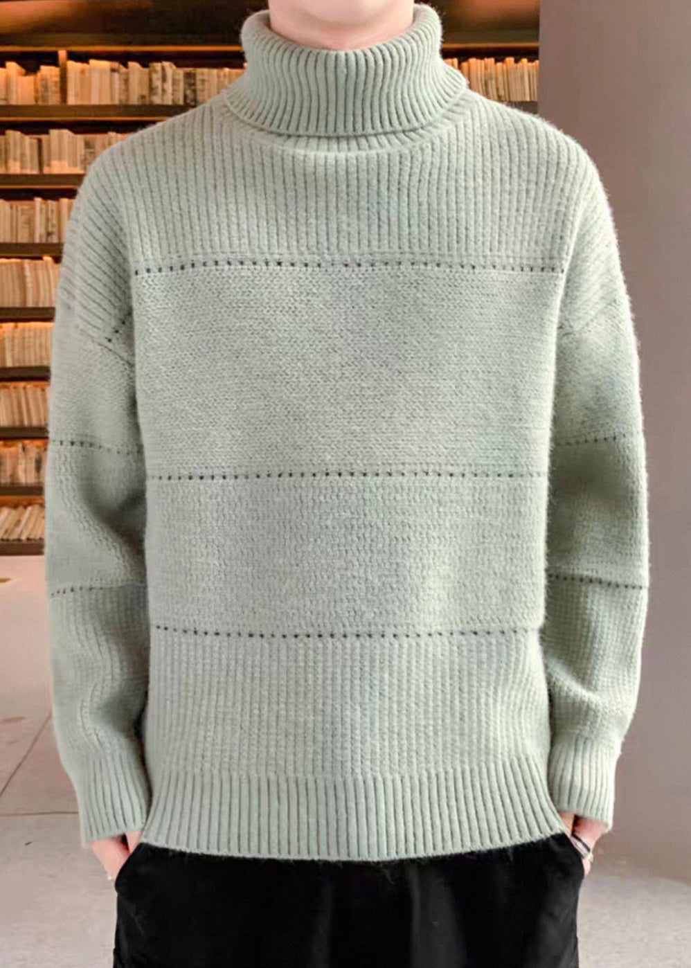 Simple Beige Turtleneck Hollow Out Knit Men Sweater Tops Winter