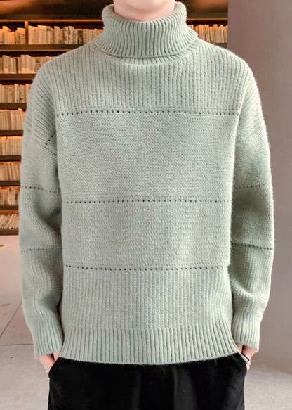 Simple Beige Turtleneck Hollow Out Knit Men Sweater Tops Winter