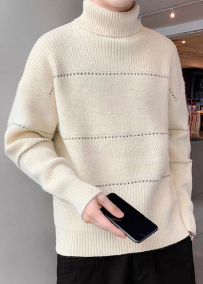 Simple Beige Turtleneck Hollow Out Knit Men Sweater Tops Winter