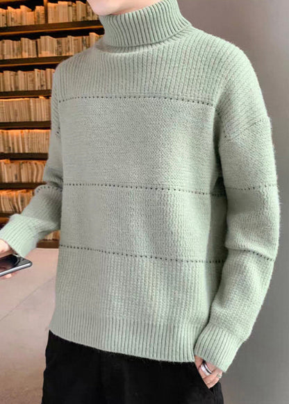 Simple Beige Turtleneck Hollow Out Knit Men Sweater Tops Winter