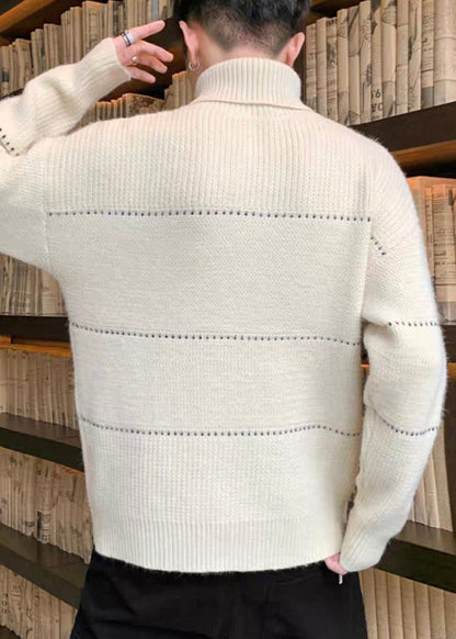 Simple Beige Turtleneck Hollow Out Knit Men Sweater Tops Winter