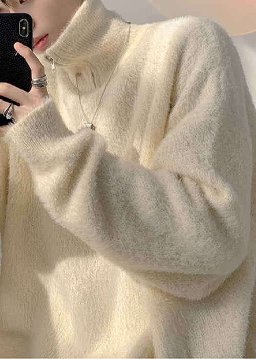 Simple Beige Turtleneck Zippered Thick Knit Mens Sweater Winter