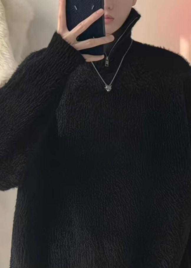 Simple Beige Turtleneck Zippered Thick Knit Mens Sweater Winter