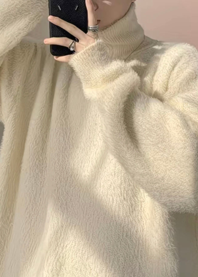 Simple Beige Turtleneck Zippered Thick Knit Mens Sweater Winter