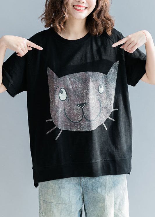 Einfaches schwarzes Kurzarm-Baumwolltop mit Tiermuster