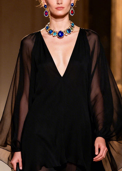 Simple Black Asymmetrical Draping Chiffon Vacation Dresses Summer