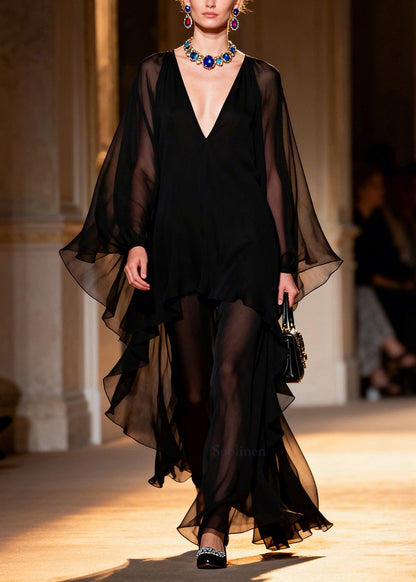 Simple Black Asymmetrical Draping Chiffon Vacation Dresses Summer