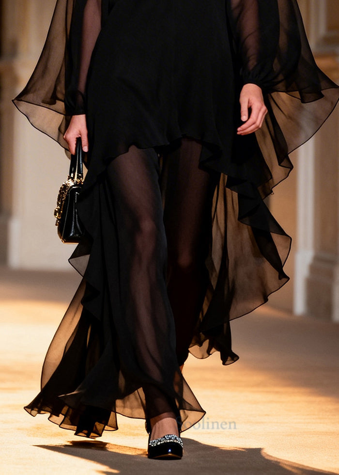 Simple Black Asymmetrical Draping Chiffon Vacation Dresses Summer