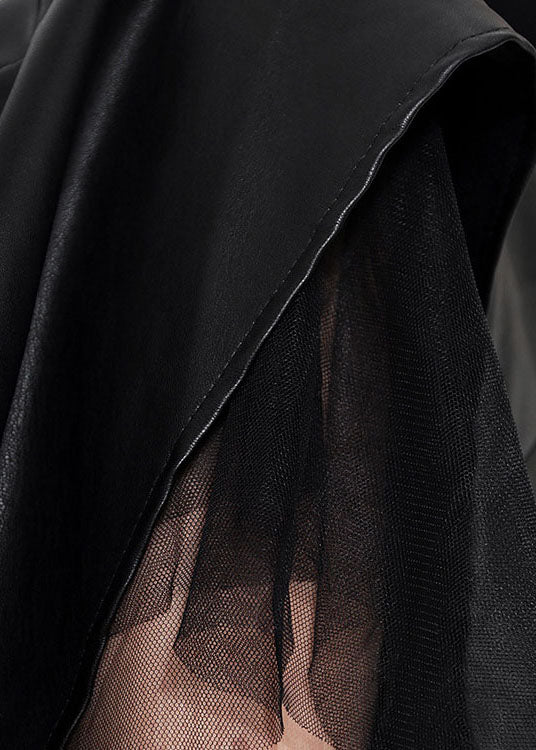Einfache Schwarze Asymmetrische Patchwork Tüll Kunstleder Röcke Frühling