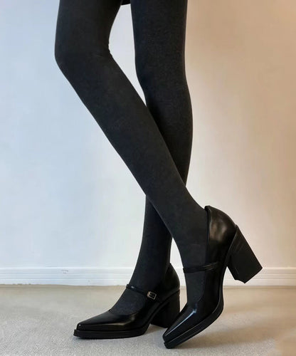 Simple Black Buckle Strap Faux Leather Chunky High Heels