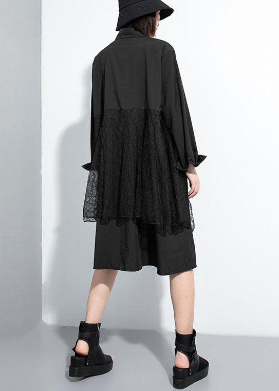 Einfache Schwarze Taste Peter Pan Kragen spitze Patchwork hemd Kleider Frühling