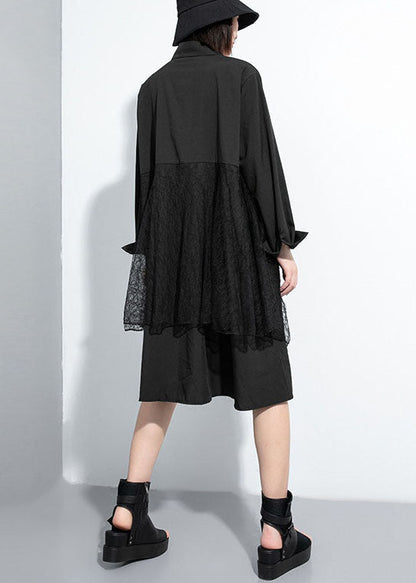 Einfache Schwarze Taste Peter Pan Kragen spitze Patchwork hemd Kleider Frühling