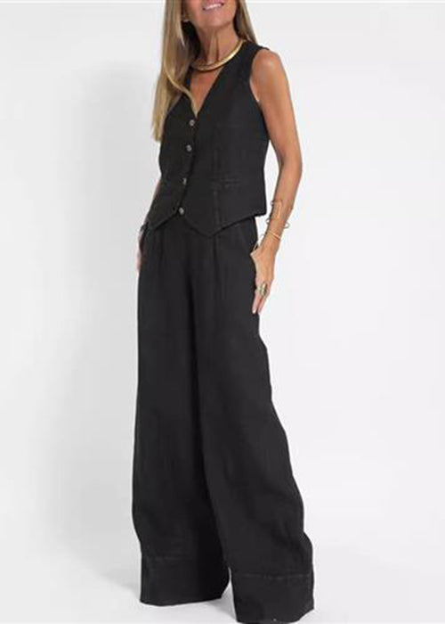 Simple Black Button Waistcoat And Pants Linen Two Pieces Set Summer