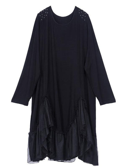 Simple Black Cotton Patchwork Spring Ankle Dress - SooLinen