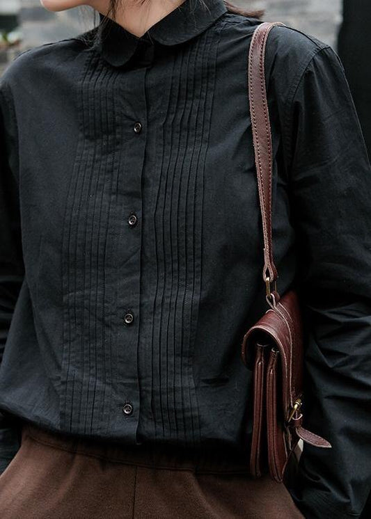 Simple Black Crane Tops Lapel Cinched Oversized Spring Blouse - SooLinen