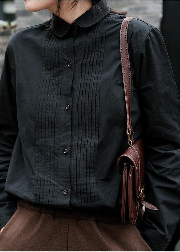 Simple Black Crane Tops Lapel Cinched Oversized Spring Blouse - SooLinen