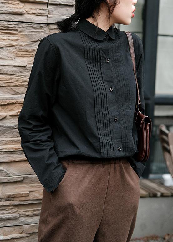 Simple Black Crane Tops Lapel Cinched Oversized Spring Blouse - SooLinen