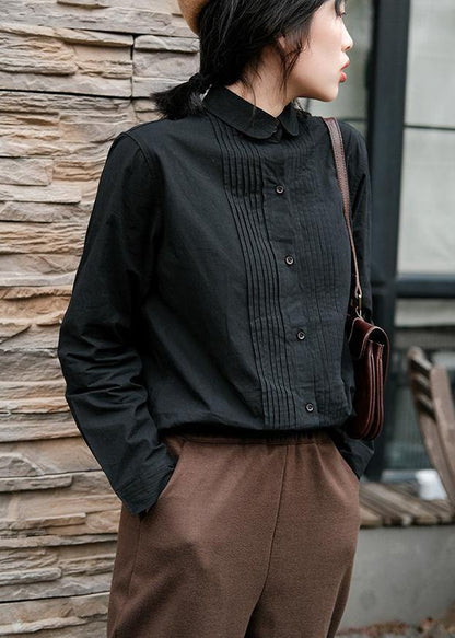 Simple Black Crane Tops Lapel Cinched Oversized Spring Blouse - SooLinen