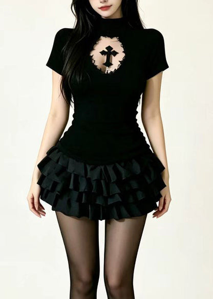 Simple Black Cut Out Layered Cotton Two Piece Set Outfits Summer