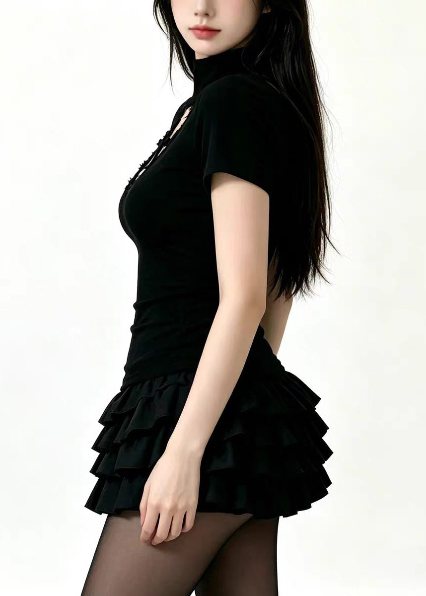 Simple Black Cut Out Layered Cotton Two Piece Set Outfits Summer