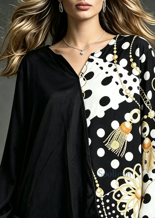Simple Black Dot V Neck Asymmetrical Print Shirt Tops Fall