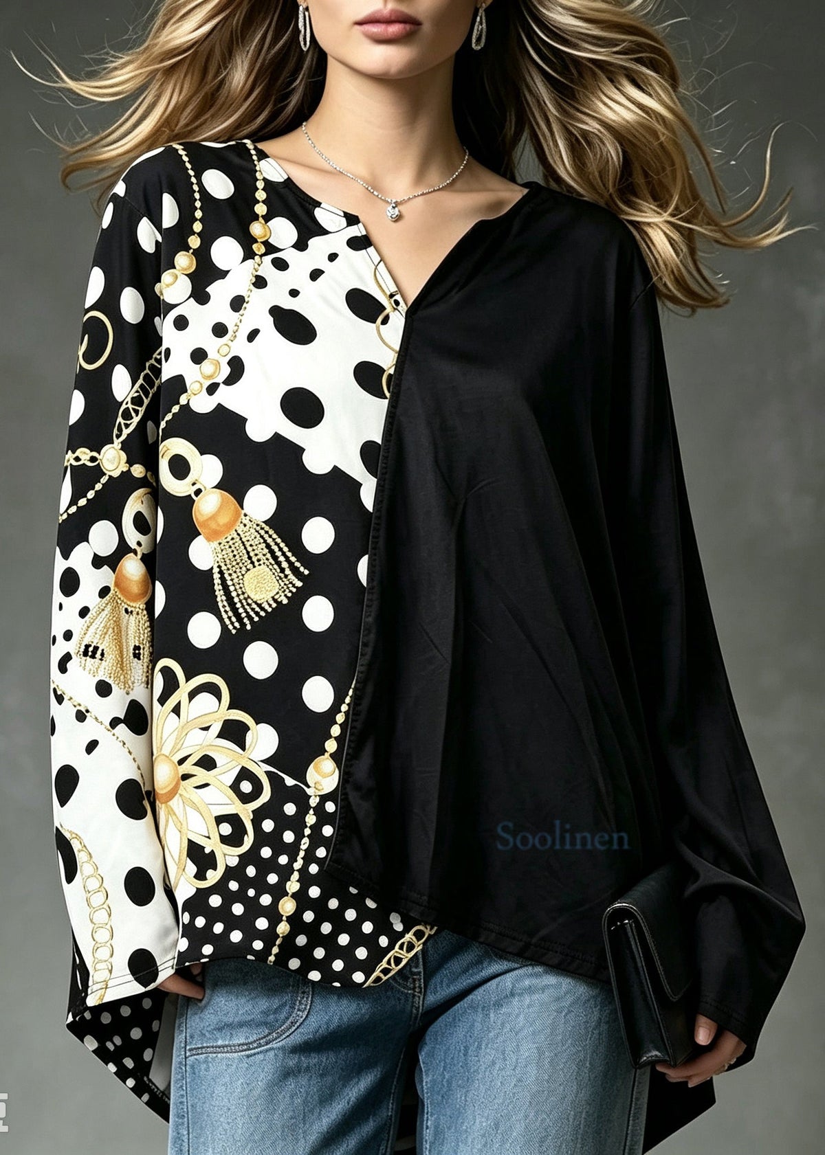 Simple Black Dot V Neck Asymmetrical Print Shirt Tops Fall