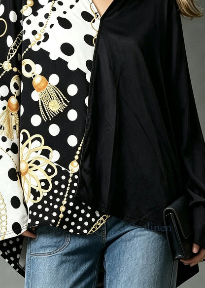 Simple Black Dot V Neck Asymmetrical Print Shirt Tops Fall