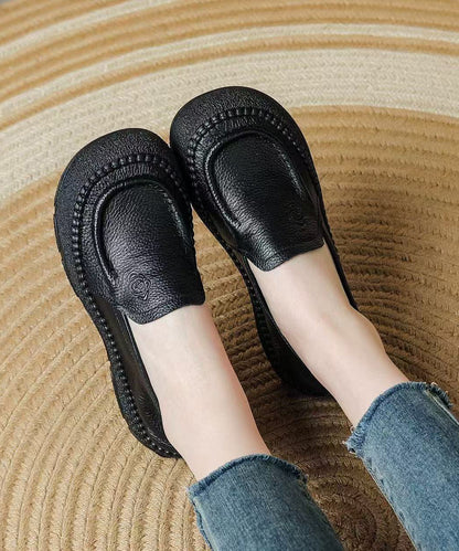Simple Black Floral Embossed Cowhide Leather Slip On Loafers