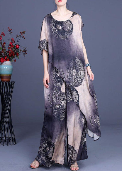 Simple Black Khaki Print Silk Asymmetrical design Wide Leg Two Pieces Set - SooLinen