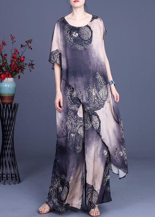 Simple Black Khaki Print Silk Asymmetrical design Wide Leg Two Pieces Set - SooLinen