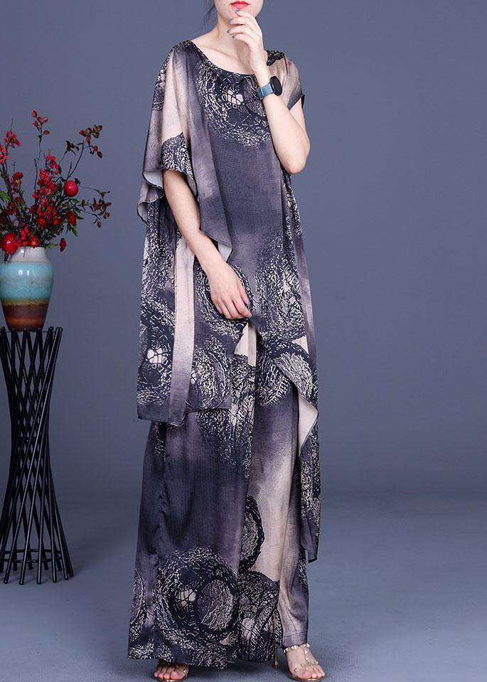 Simple Black Khaki Print Silk Asymmetrical design Wide Leg Two Pieces Set - SooLinen
