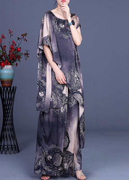Simple Black Khaki Print Silk Asymmetrical design Wide Leg Two Pieces Set - SooLinen