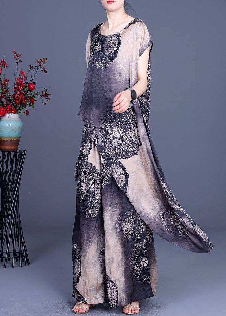 Simple Black Khaki Print Silk Asymmetrical design Wide Leg Two Pieces Set - SooLinen